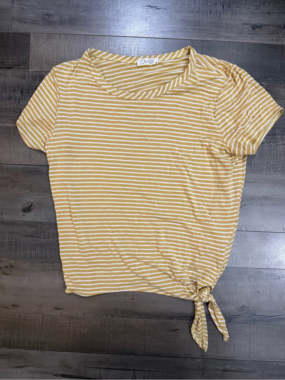 Olivia Rae Mustard and White Striped Short Sleeve Tie Front Top